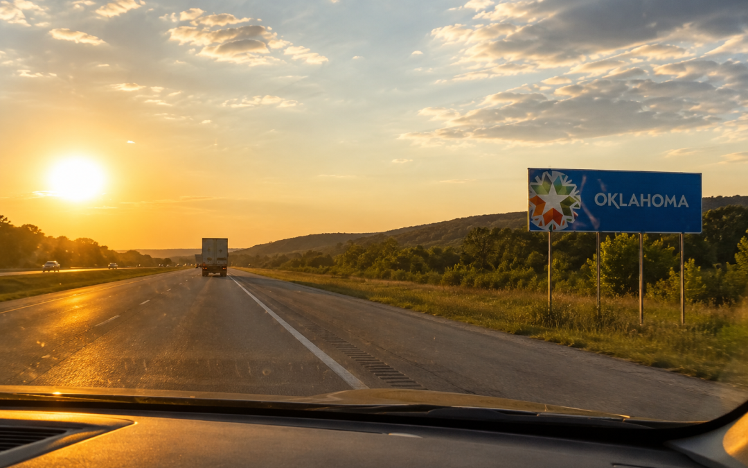 Oklahoma highway seen through car windshield representing travel with medical marijuana card