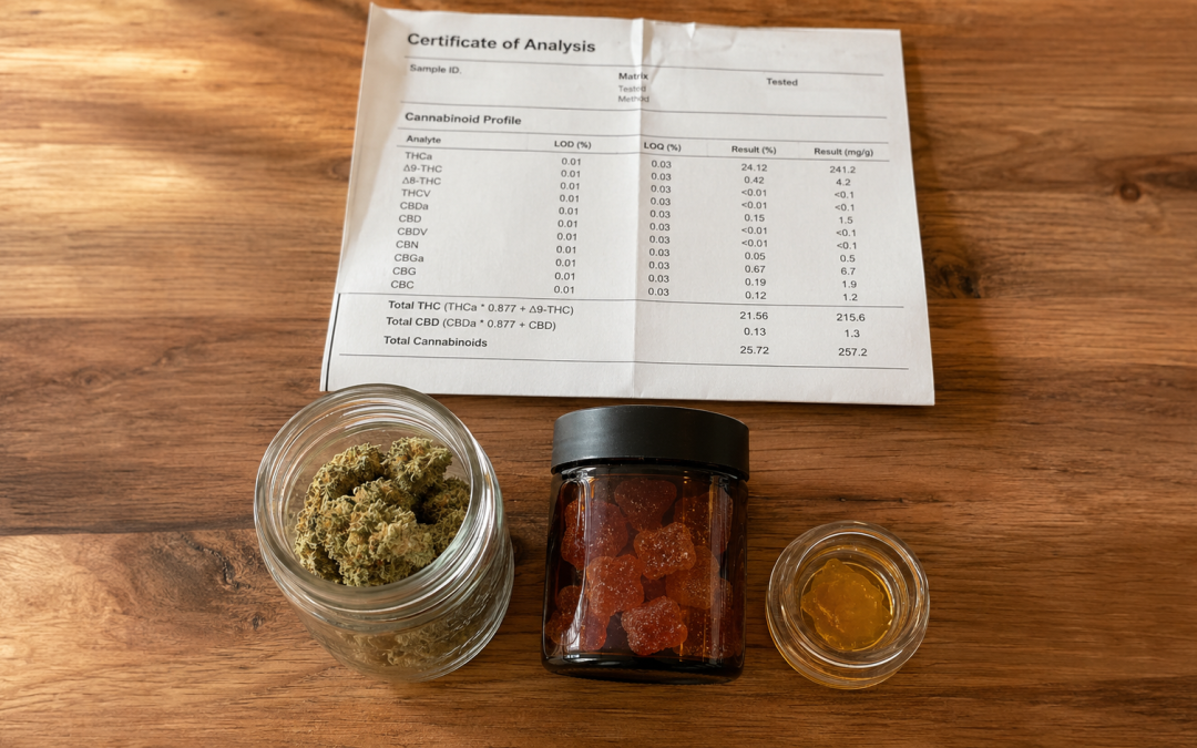 Cannabis flower, edibles, and concentrates displayed side by side with a Certificate of Analysis document representing how Oklahoma medical marijuana patients compare product formats at OMMA-licensed dispensaries.