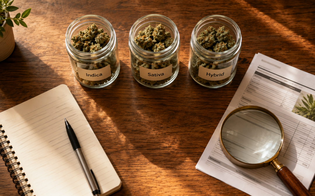 Three jars of cannabis flower labeled indica, sativa, and hybrid beside a Certificate of Analysis document representing how Oklahoma medical marijuana patients compare strain types at OMMA dispensaries.