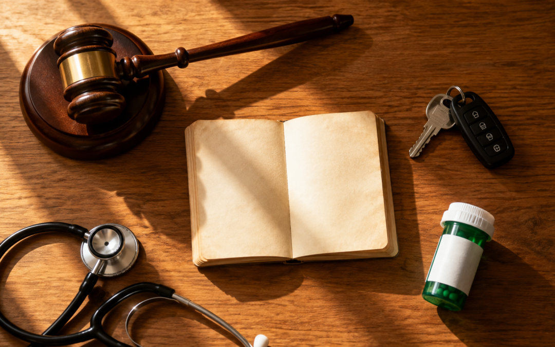 Overhead view of a wooden desk in Oklahoma showing a gavel, Constitution booklet, car keys, stethoscope, and prescription bottle representing the consequences of an Oklahoma medical marijuana card.