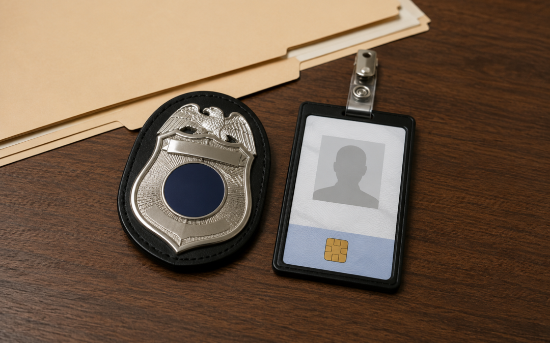 Federal security badge and ID card representing Oklahoma MMJ card and federal employment rules