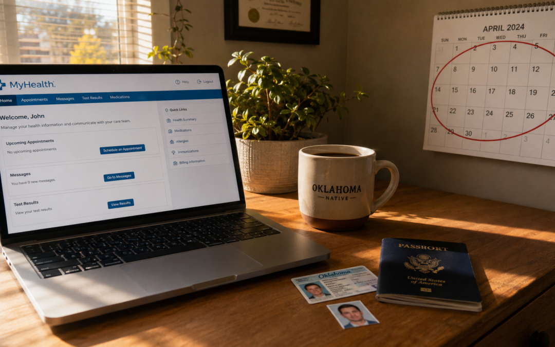Home office desk in Oklahoma with a laptop, driver's license, and calendar prepared for a 60-day short-term medical marijuana license application.