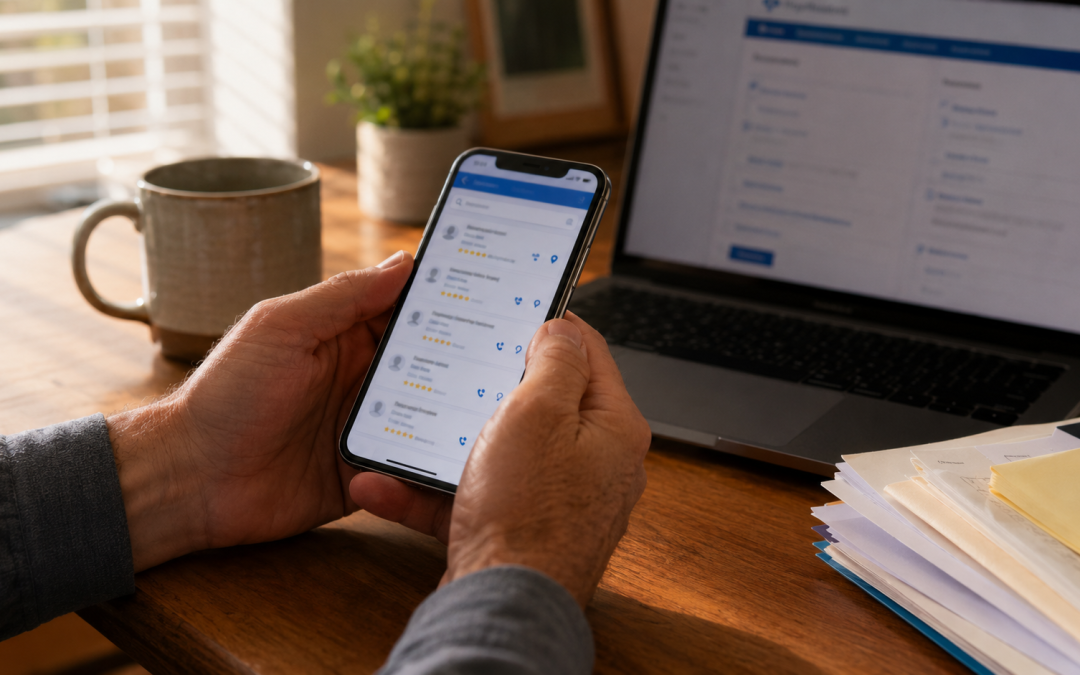 Oklahoma patient using a smartphone at a home office desk to verify an OMMA-registered physician before booking a medical marijuana appointment.