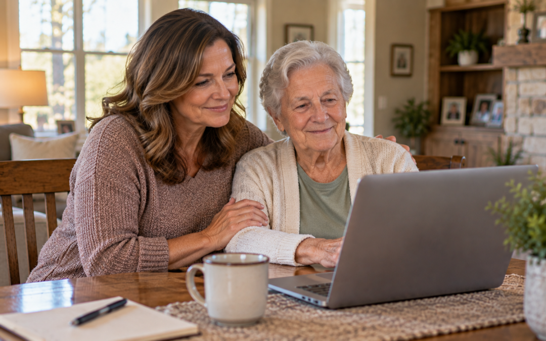Oklahoma caregiver helping an elderly parent during a dementia telemedicine visit for a medical marijuana card.