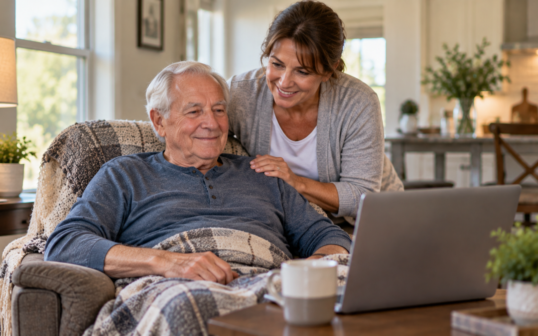 Older Oklahoma adult with a caregiver at home during a Parkinson's telemedicine visit for a medical marijuana card.